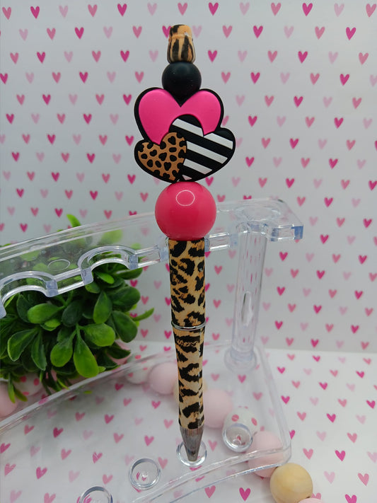 Leopard & Hot Pink Hearts Beaded Ink Pen
