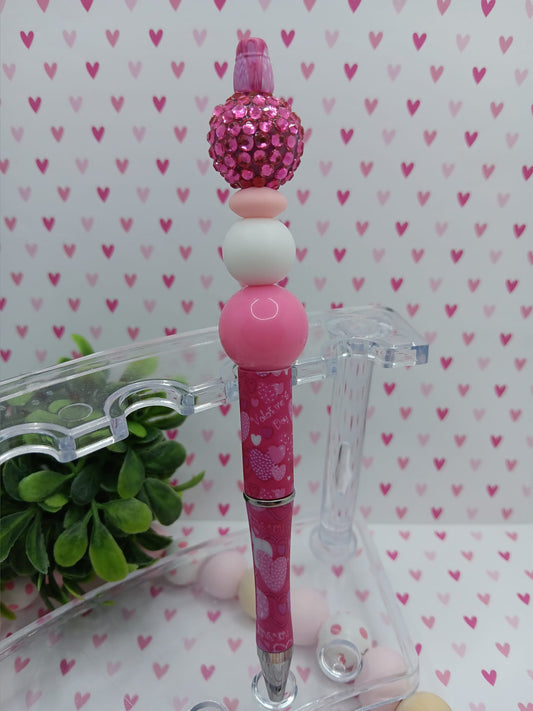 Pink & White Heart Beaded Ink Pen