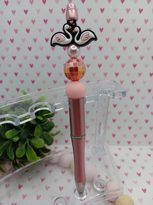 White & Pink Swan Beaded Ink Pen