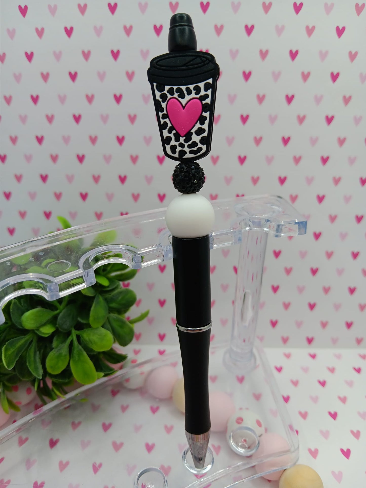 Cow Print Coffee Cup w/ Hot Pink Heart Beaded Ink Pen