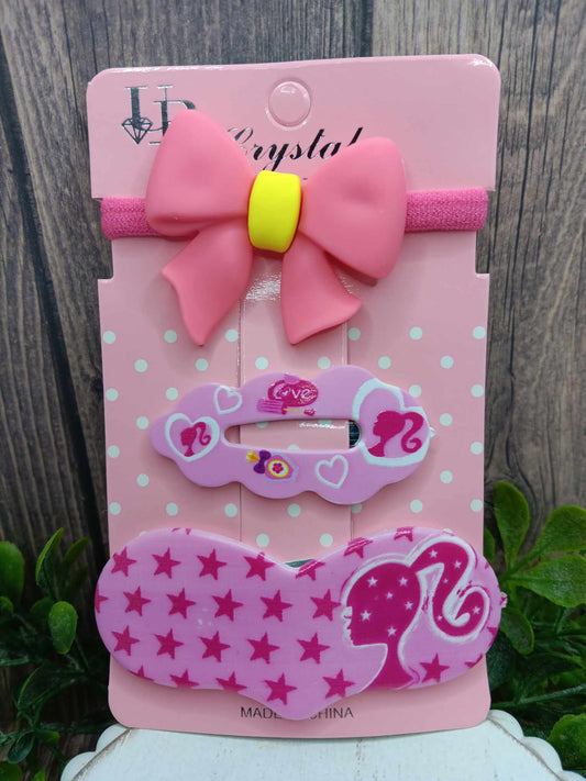 Pink Doll 3 Piece Hair Accessory Set - Medium Pink