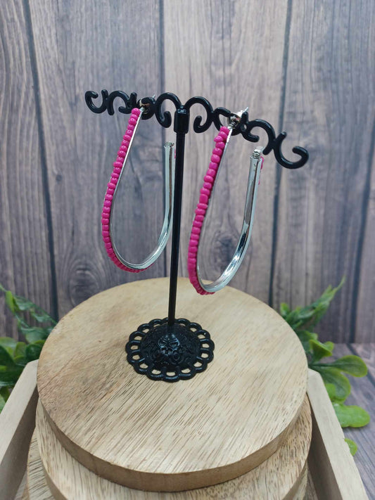 Silver J Style Hoop Earrings w/ Pink Beading