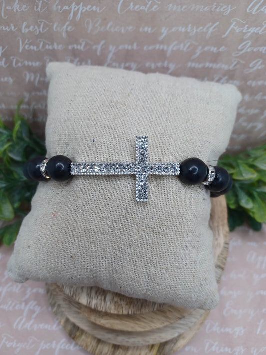 Black Matte Beaded Cross Bracelet