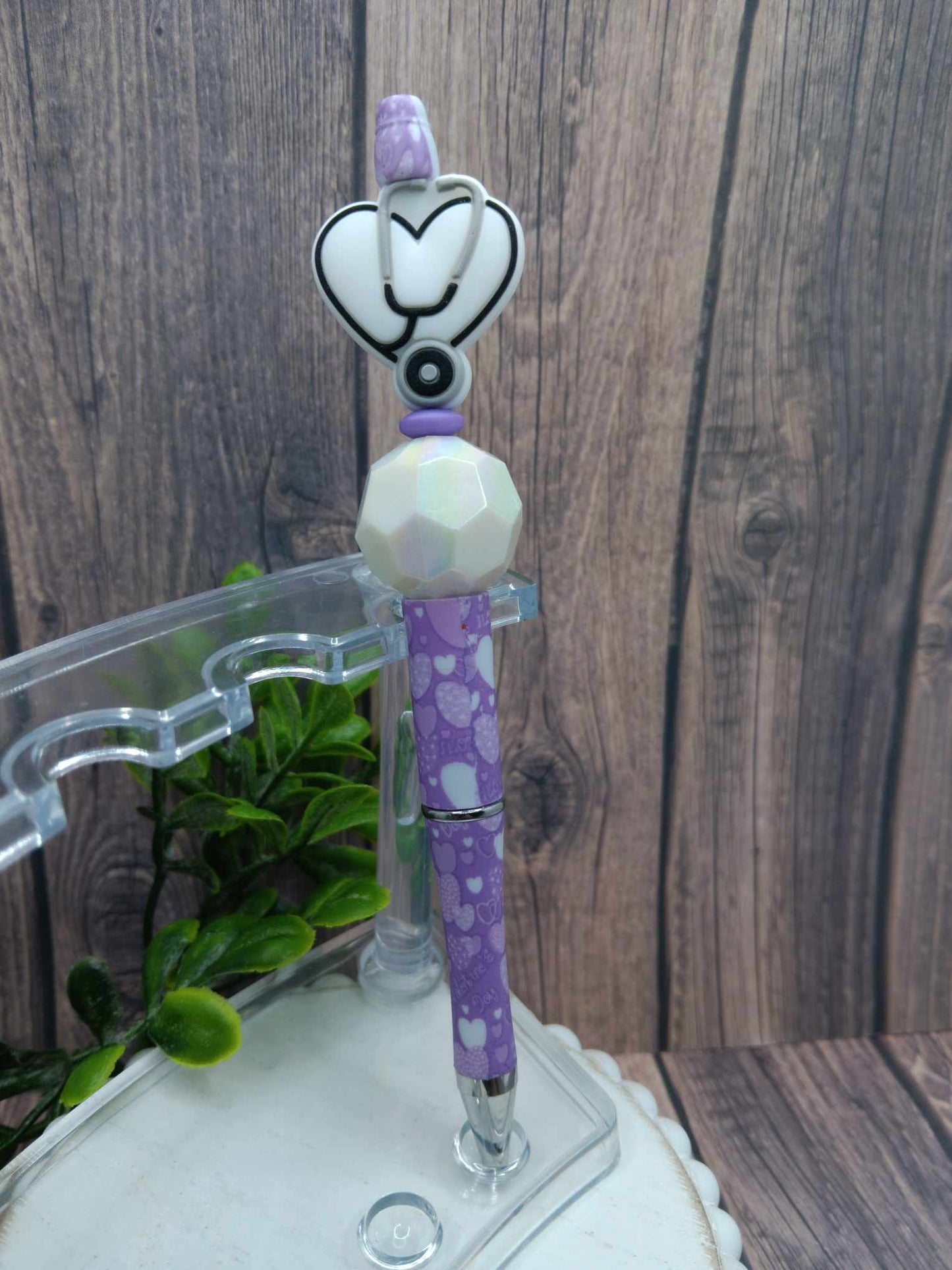 Purple Stethoscope Beaded Pen w/ Purple Hearts