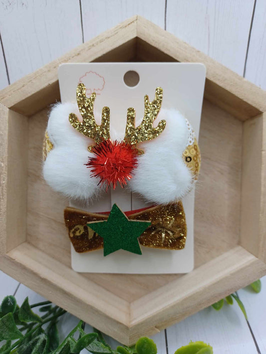 White & Gold Reindeer Hair Clip Set