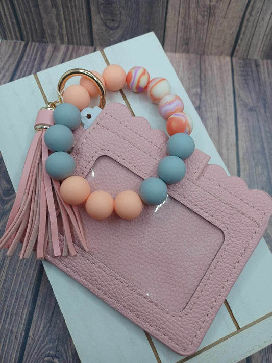 Pink Wristlet Wallet w/ Pink & Grey Beaded Wristlet