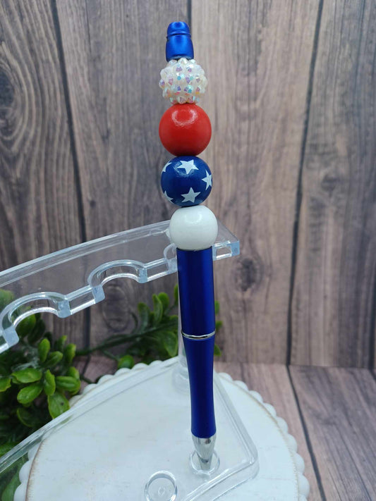 Red, White, & Blue Beaded Ink Pen - White, Red, Stars, White Beading