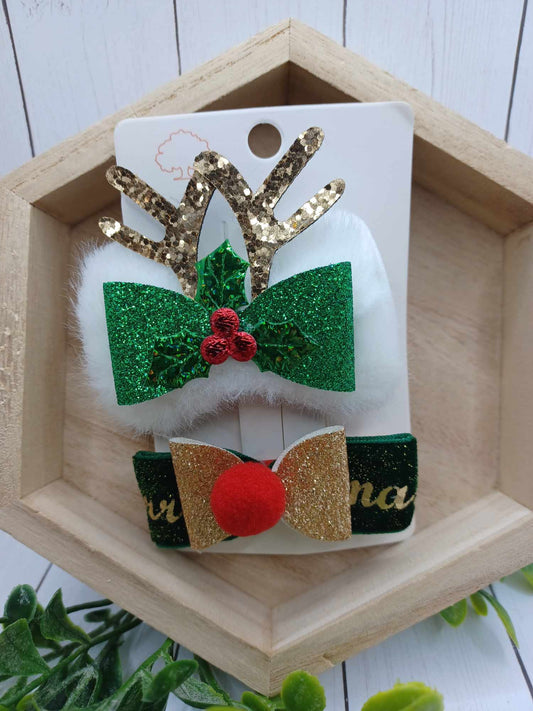 Green & Gold Reindeer Hair Accessory Set