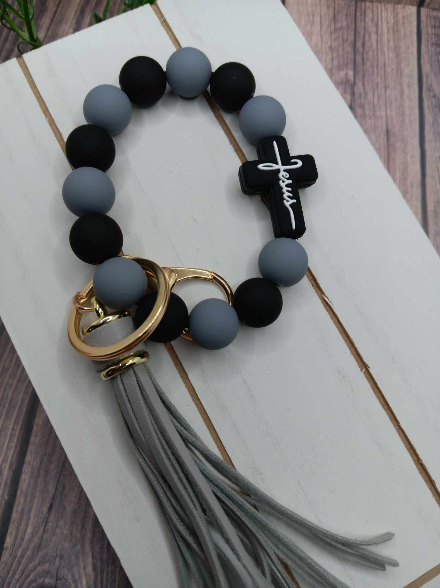 Grey & Black Beaded Cross Jesus Wristlet Keychain