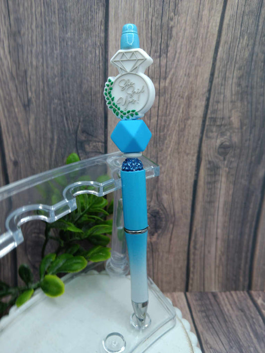 She Said Yes Beaded Ink Pen - Blue