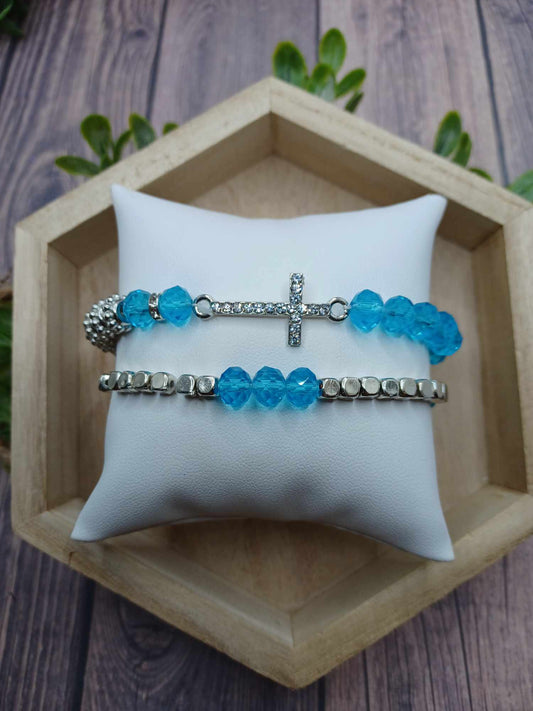 Silver & Blue Cross Bracelet Set