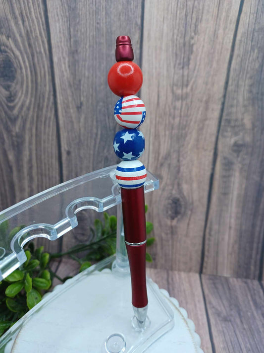 Red, White, & Blue Beaded Ink Pen w/ Red, Flag, Stars, & Stripes Beading