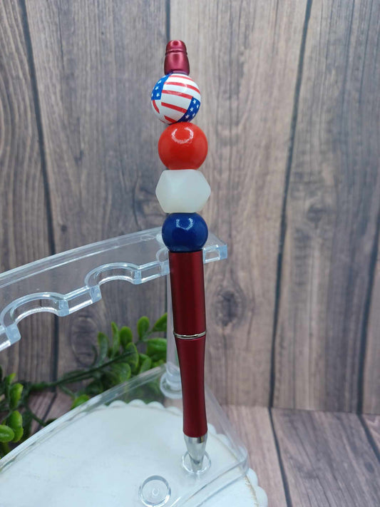 Red, White, & Blue Beaded Ink Pen - Flag, Red, White, Blue Beading