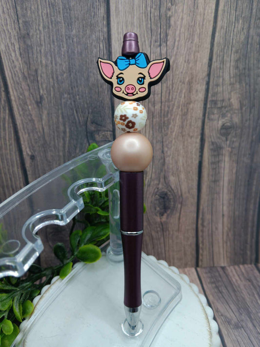 Piggy w/ Blue Bow Beaded Ink Pen