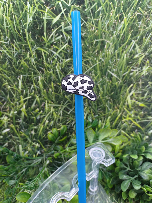 Cow Bow Hat w/ Cow Print Straw Charm w/ Blue Straw