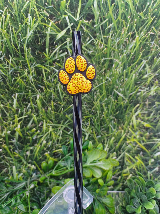 Leopard Paw Print Straw Charm w/ Black Striped Straw