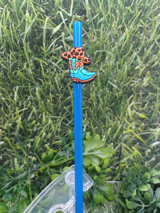Teal Cowboy Boots w/ Leopard Cow Boy Hat Straw Charm w/ Blue Straw