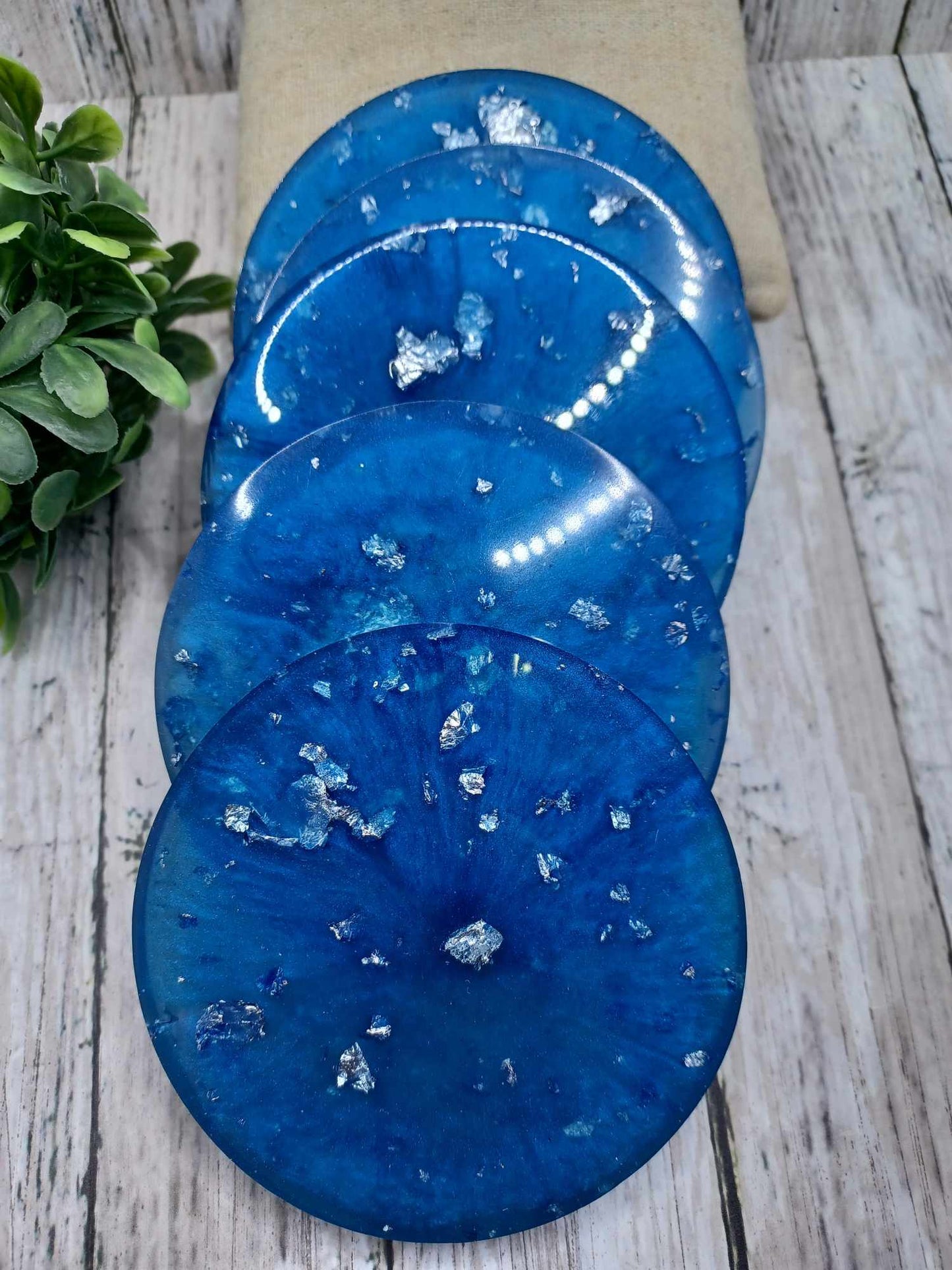 Blue w/ Silver Glitter Acrylic Coaster Set
