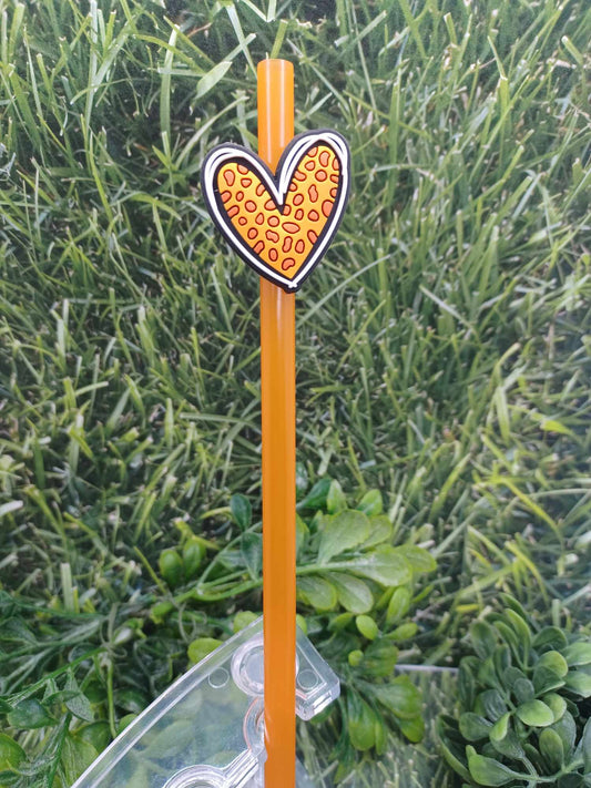 Leopard Print Heart Straw Charm w/ Orange Straw