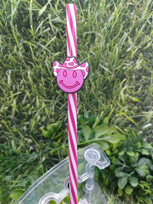 Pink Smiley Face Straw Charm w/ Pink Straw