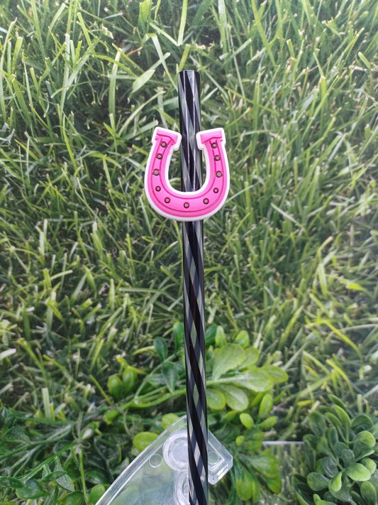 Pink Horseshoe Straw Charm w/ Black Straw
