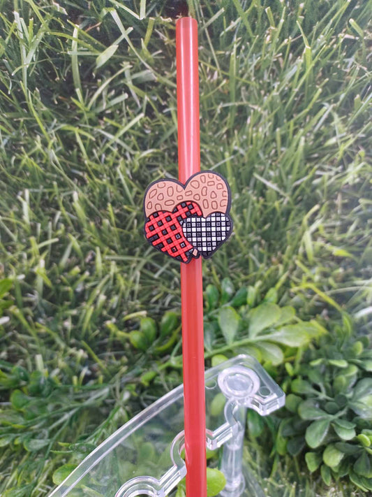 Leopard & Plaid Hearts Straw Charm w/ Red Straw