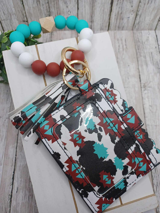 PREORDER - Turquoise & Cow Print Patterned Beaded Wristlet Wallet