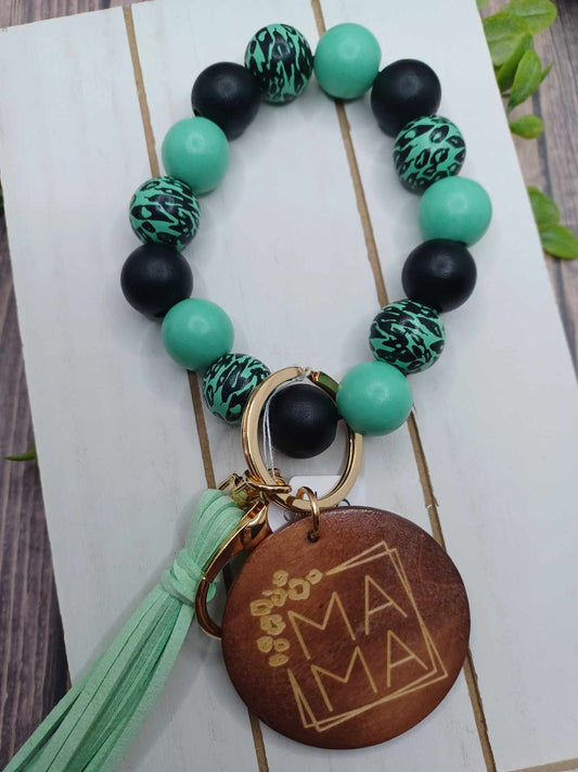 Teal, Black, & Leopard Print Wooden Beaded Wristlet w/ Mama Charm