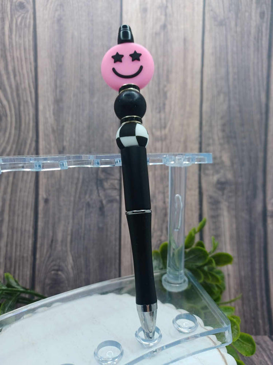 Black & Hot Pink Smily Face Beaded Ink Pen