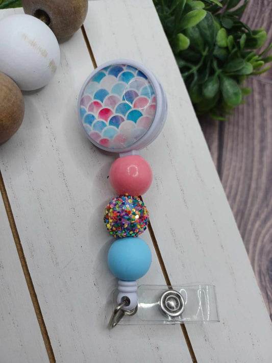 Pink & Blue Mermaid Beaded Retractable Badge Reel