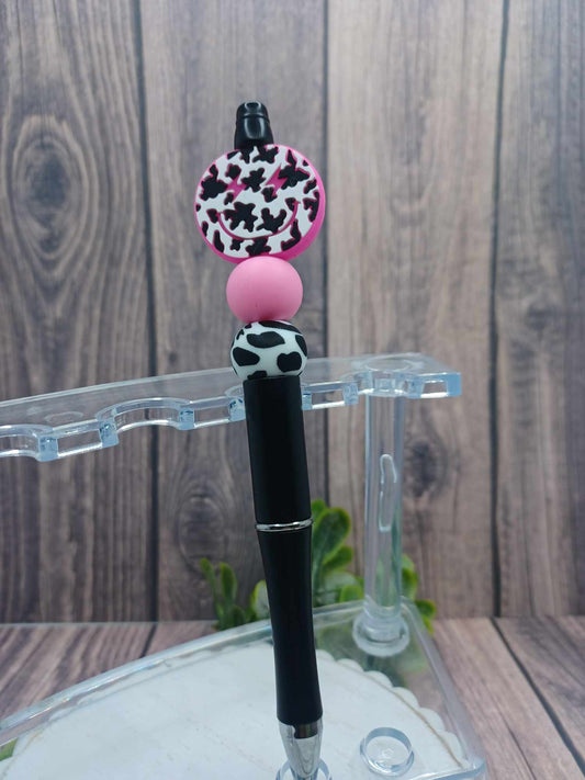 Hot Pink, Black, & Cow Print Smiley Face Beaded Ink Pen