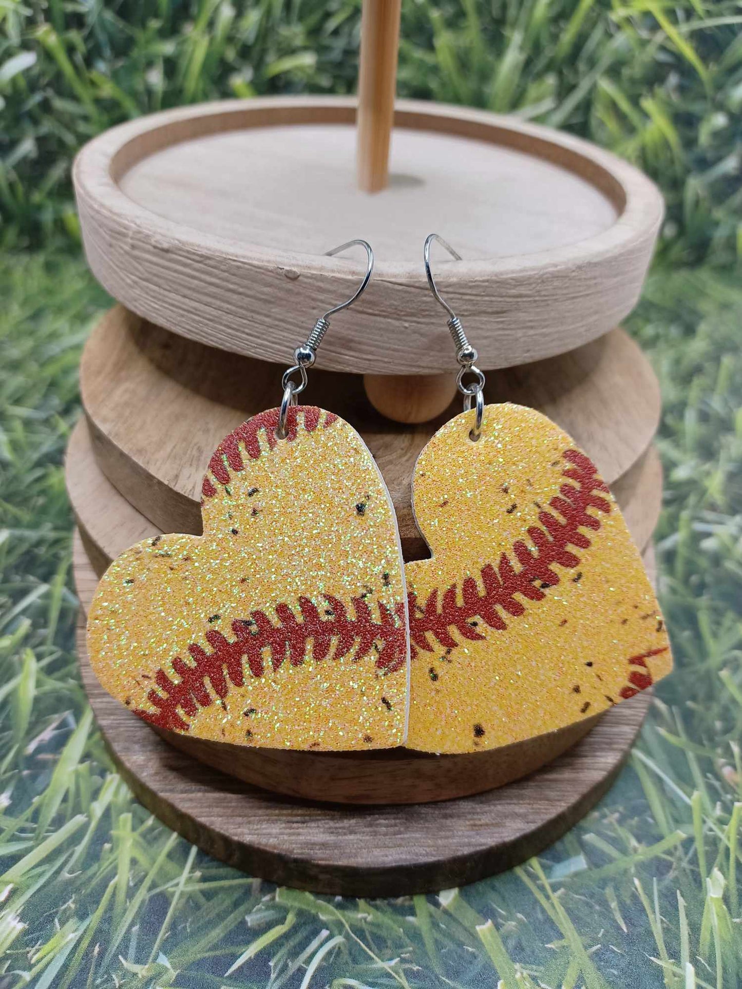 Softball Heart Glitter Earrings