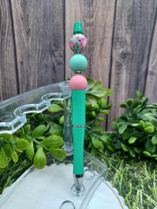 Pink, Teal, & Floral Beaded Ink Pen