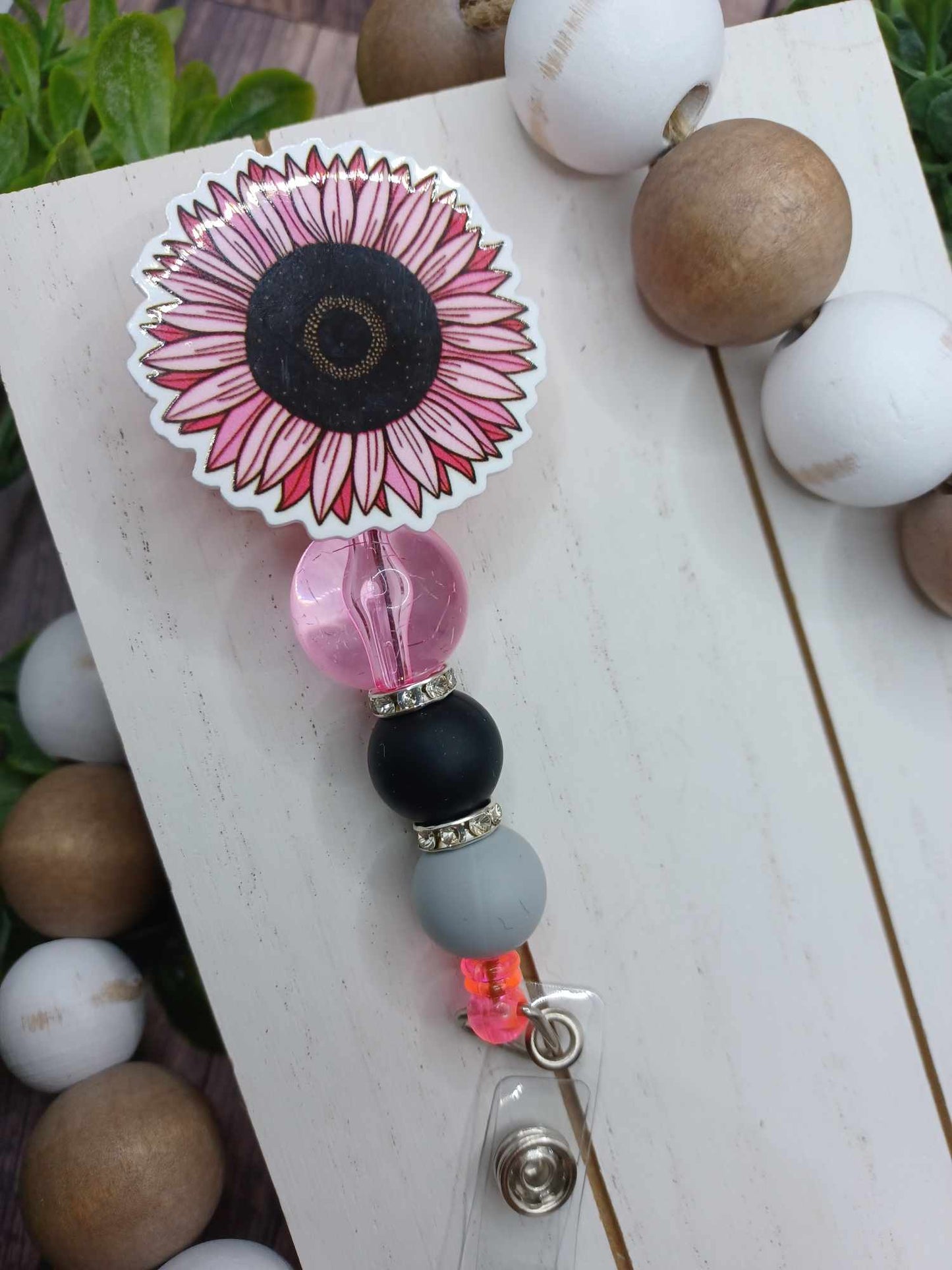 Pink Sunflower Beaded Retractable Badge Reel