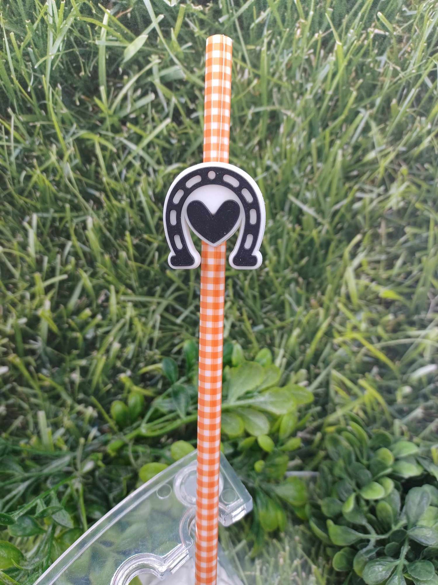 Horseshoe & Heart Straw Charm w/ Orange Striped Straw