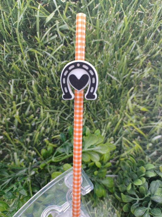 Horseshoe & Heart Straw Charm w/ Orange Striped Straw