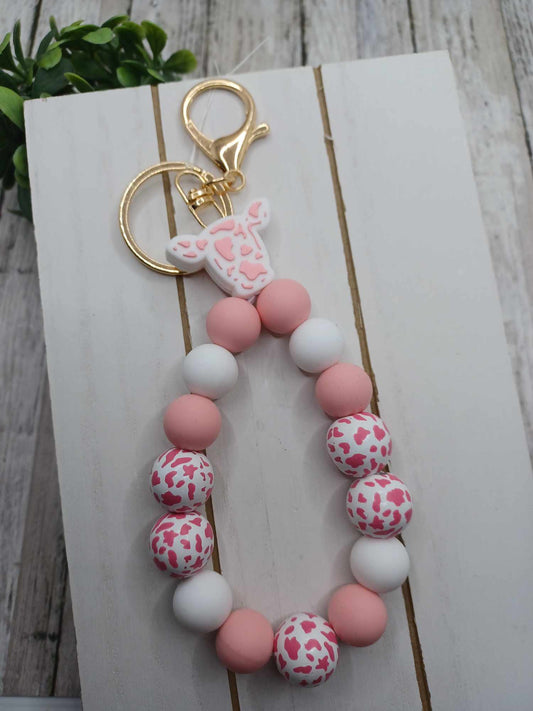 Pink Cow Print Beaded Wristlet Keychain