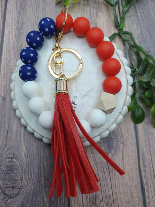 Red, White, & Blue w/ Stars Beaded Wristlet w/ Red Tassel