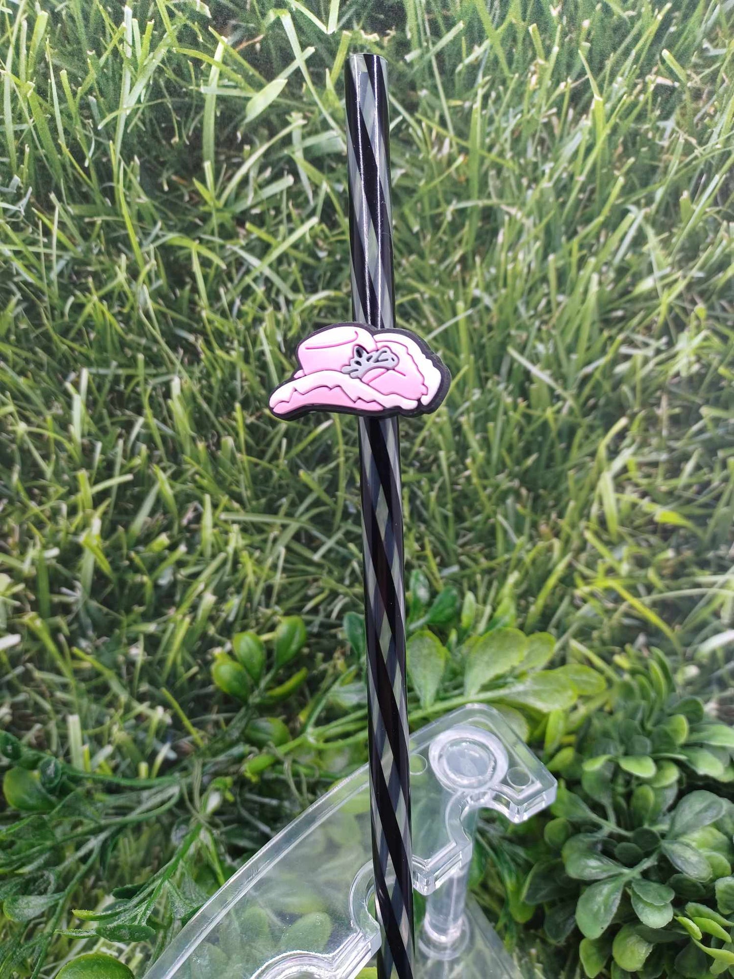 Pink Cowgirl Hat Straw Charm w/ Black Straw
