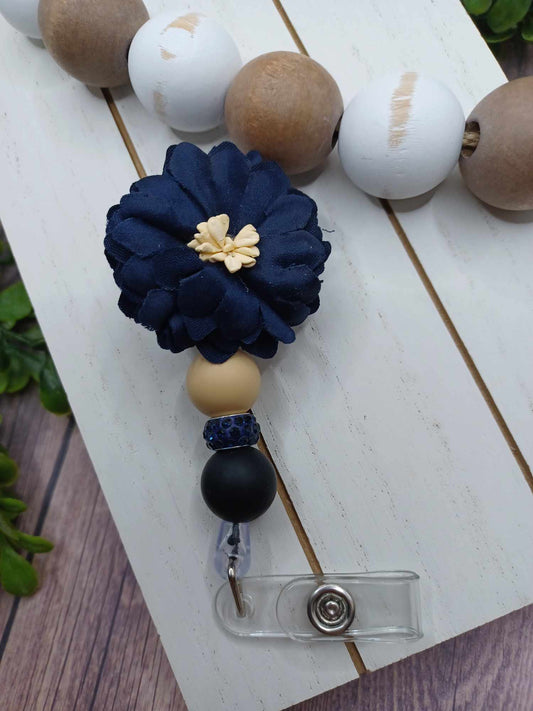 Blue Flower Beaded Retractable Badge Reel
