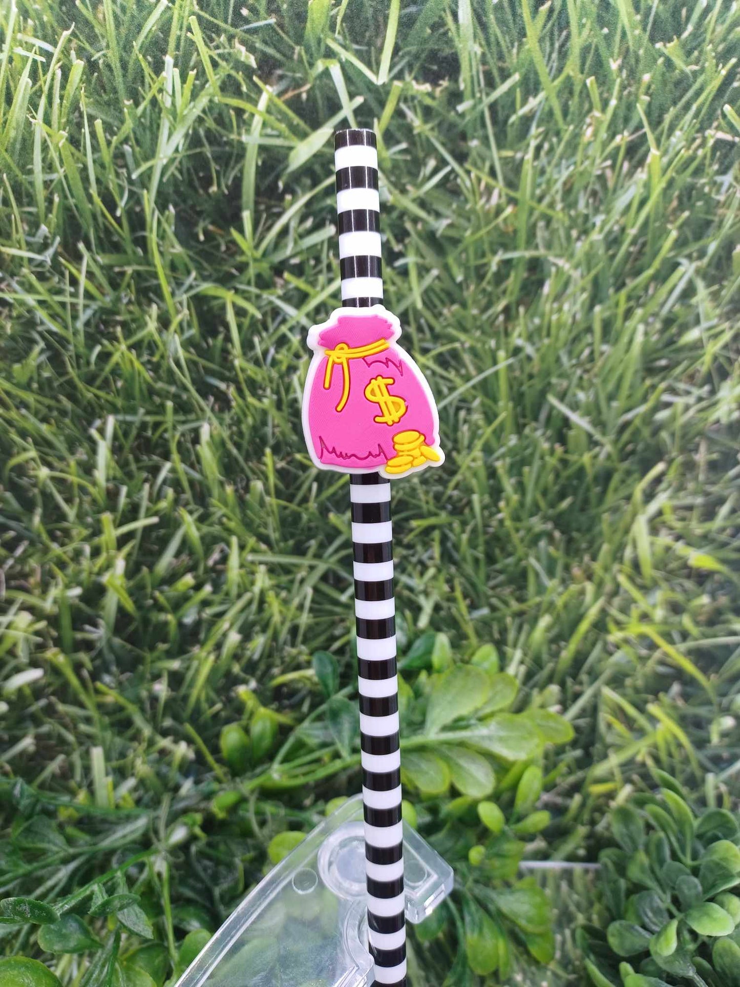 Pink Money Bag Straw Charm w/ Striped Straw