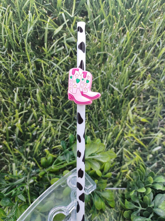 Pink Cowgirl Boots Straw Charm w/ Cow Print Straw
