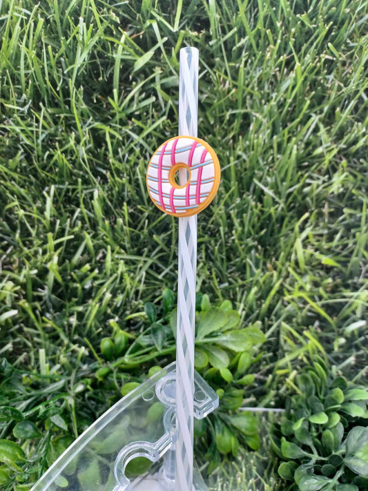 Pink & Blue Iced Donut Straw Charm w/ White Straw
