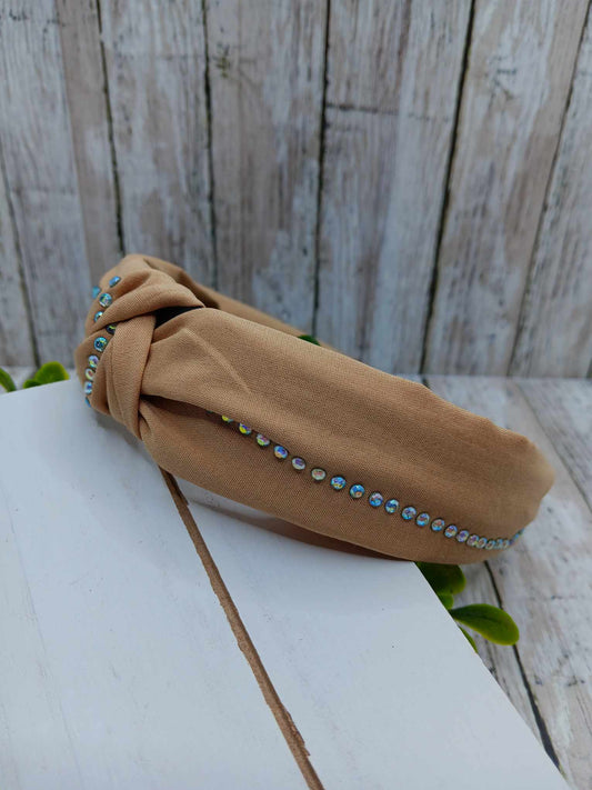 Tan Top Knot Headband w/ Mermaid Rhinestones