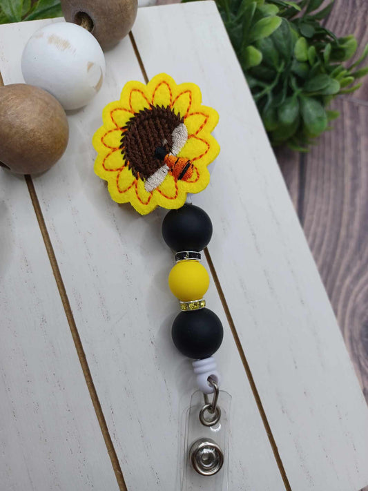 Sunflower Embroidered & Beaded Retractable Badge Reel