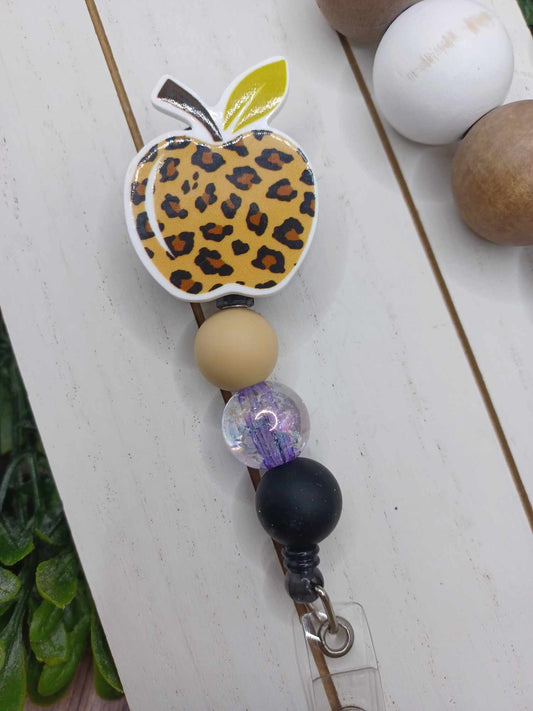 Leopard Apple Retractable Beaded Badge Reel