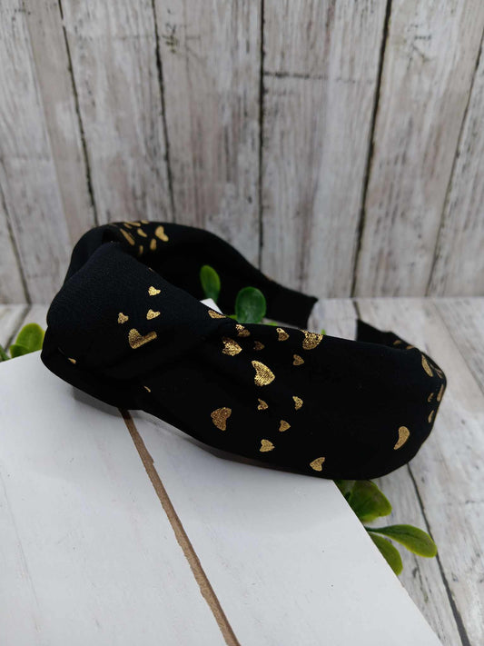 Black Top Knot Headband - w/ Gold Circles