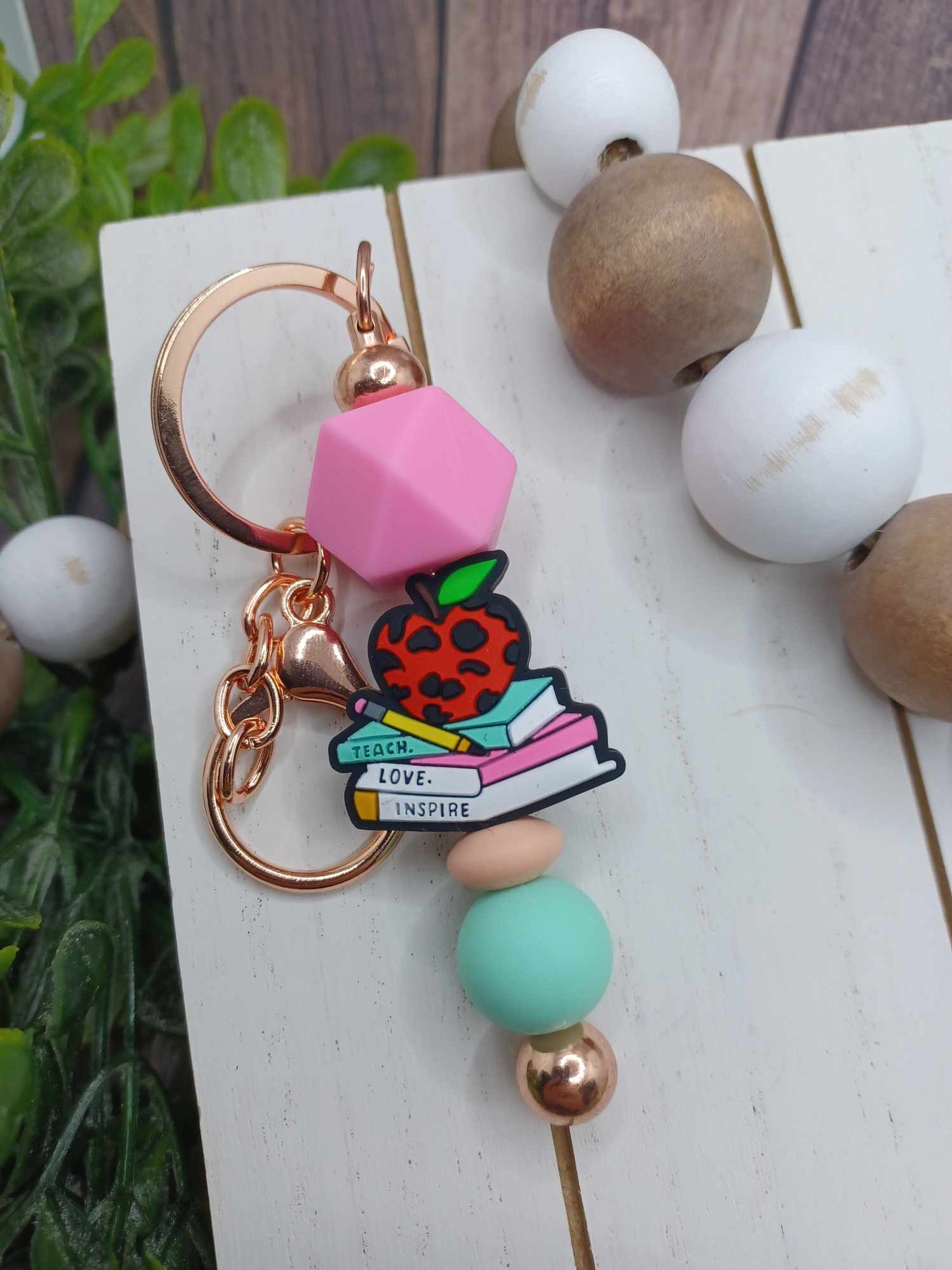 Teacher Themed Beaded Keychain w/ Apples & Books