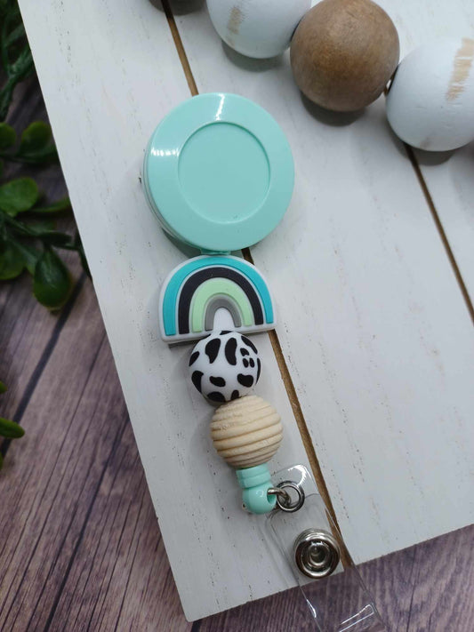 Teal Rainbow Retractable Beaded Badge Reel