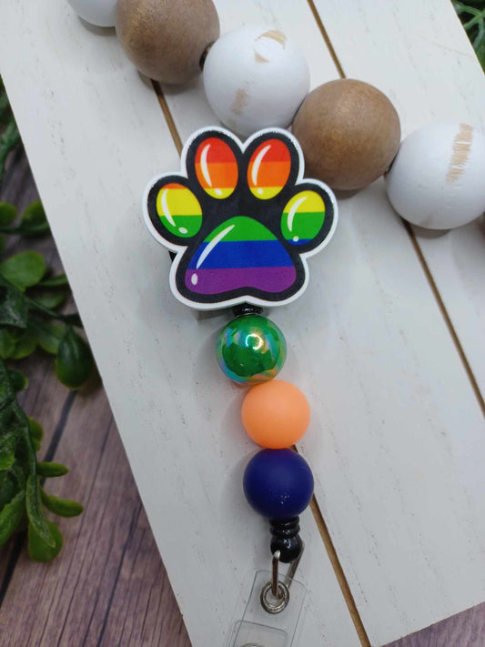 Rainbow Paw Print Retractable Beaded Badge Reel
